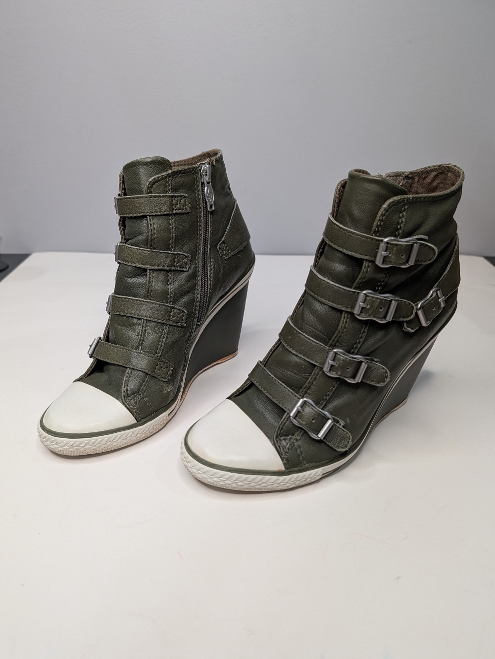 Ash Thelma Olive Leather Buckle Wedge Sneakers High Top Booties Sz 39 8.5-9
